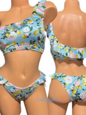 Victoria's Secret Sky Blue Floral & Lemon One-Shoulder Bikini set 2 piece